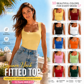 Women Summer&Fall Basic Striped Square Neck Short Sleeve Fitted Crop T-Shirt