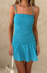 Too Much Fun Shirred Mini Dress Blue/White Check
