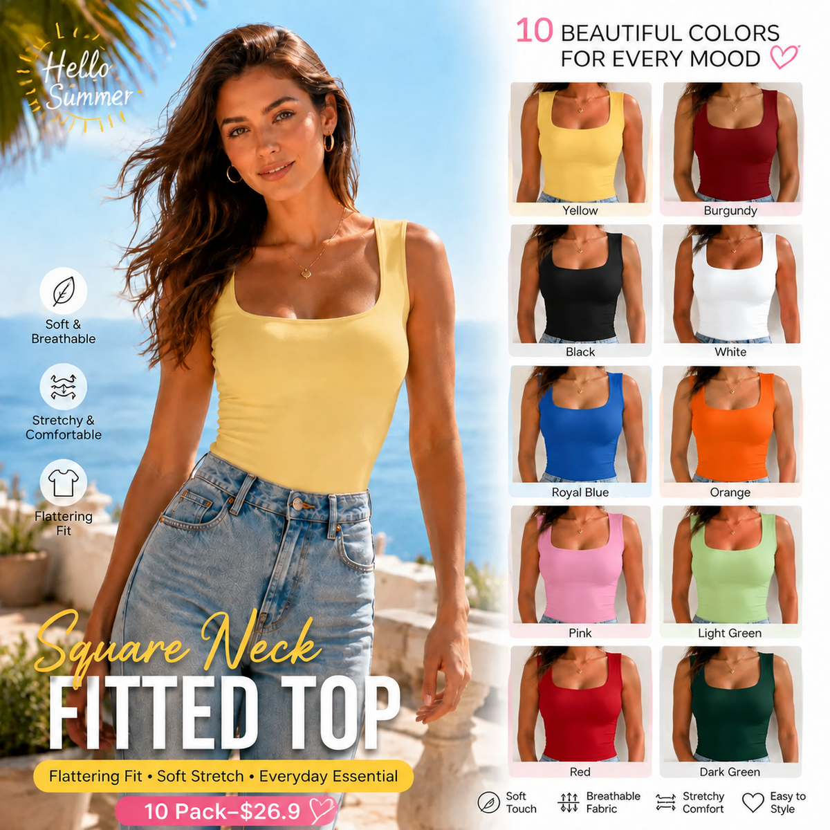 Women Summer&Fall Basic Striped Square Neck Short Sleeve Fitted Crop T-Shirt