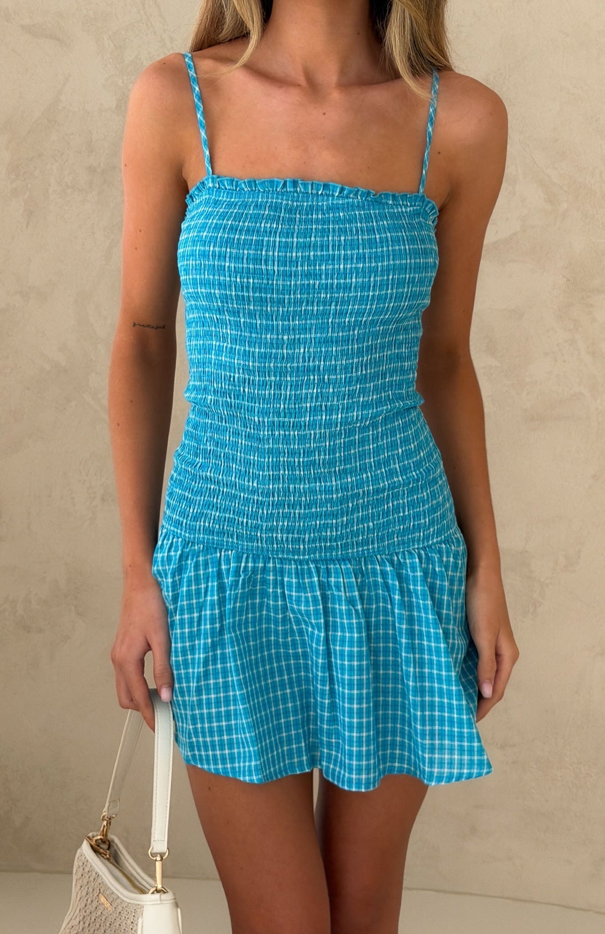 Too Much Fun Shirred Mini Dress Blue/White Check